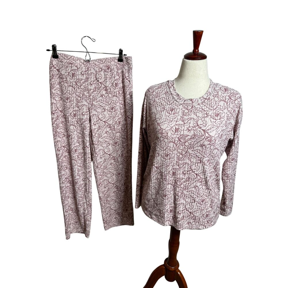 BCBG Maxaziria Sleep set Loungewear ribbed red cream floral long sleeve Sz Med
